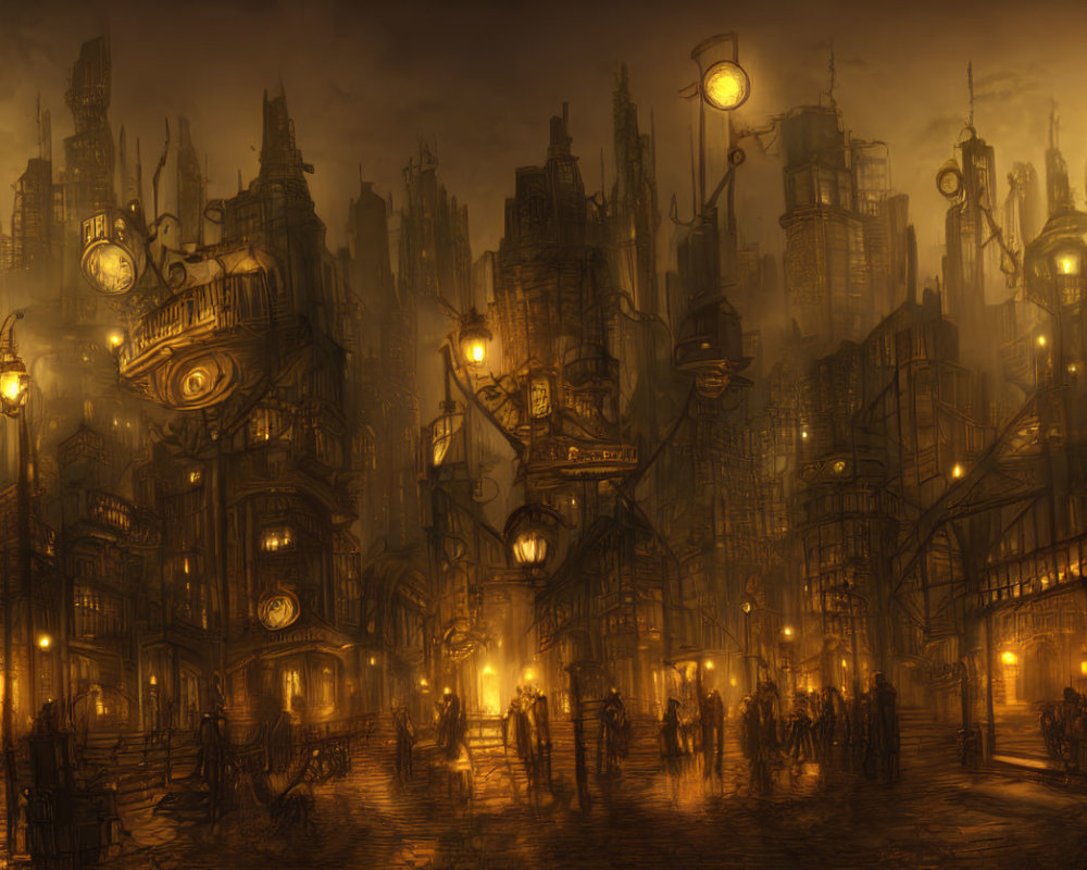 Steampunk cityscape at night with golden streetlamp light.