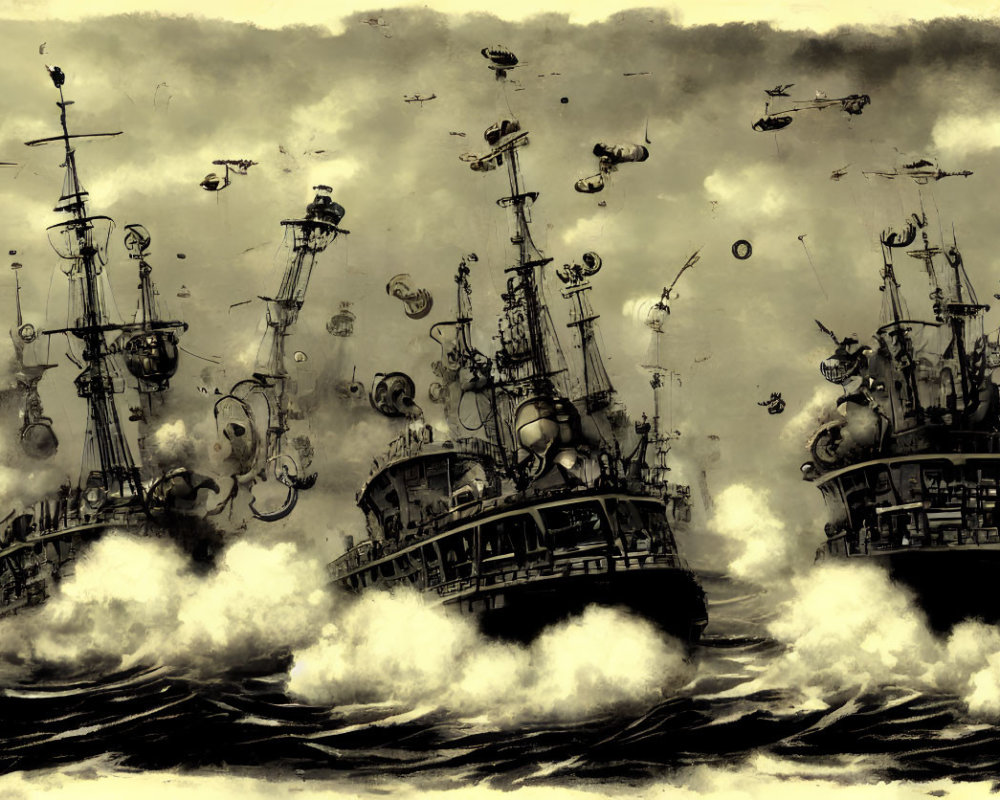Monochrome art: Vintage ships in stormy seas with air balloons and flying vehicles