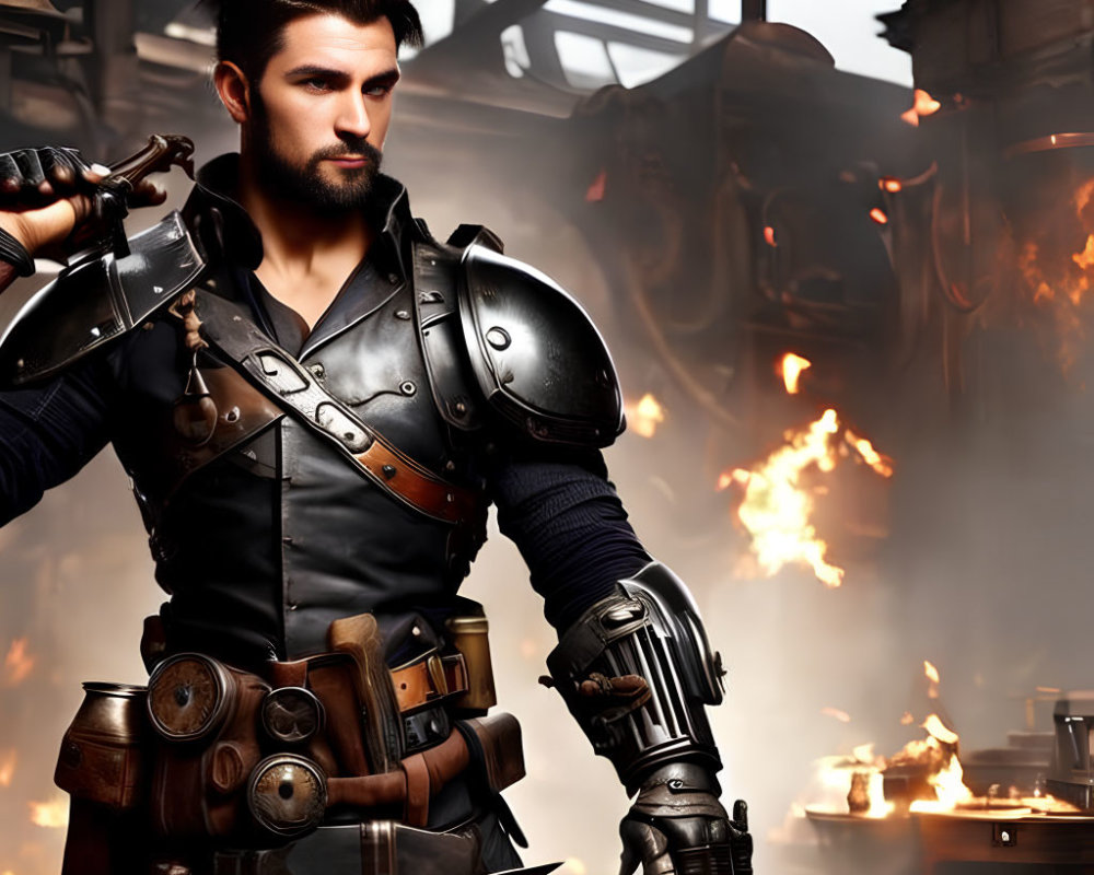 Swordsman in leather armor with mechanical arm in fiery industrial setting