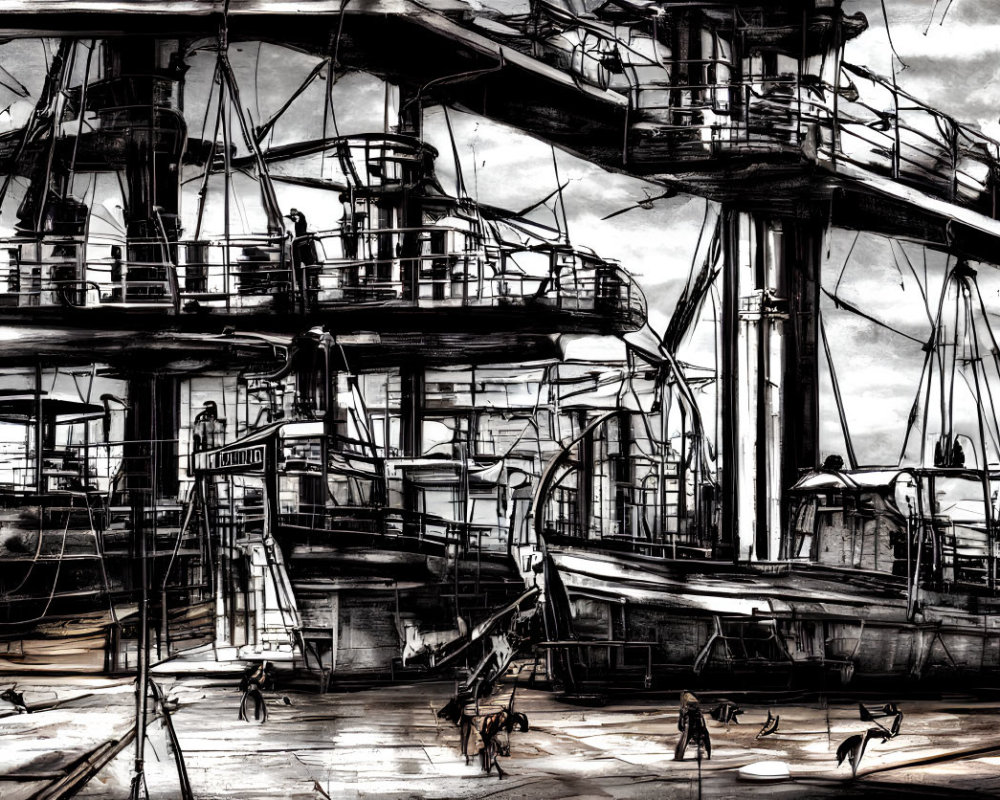Detailed Monochromatic Shipyard Scene with Cranes, Ships, Workers, and Equipment