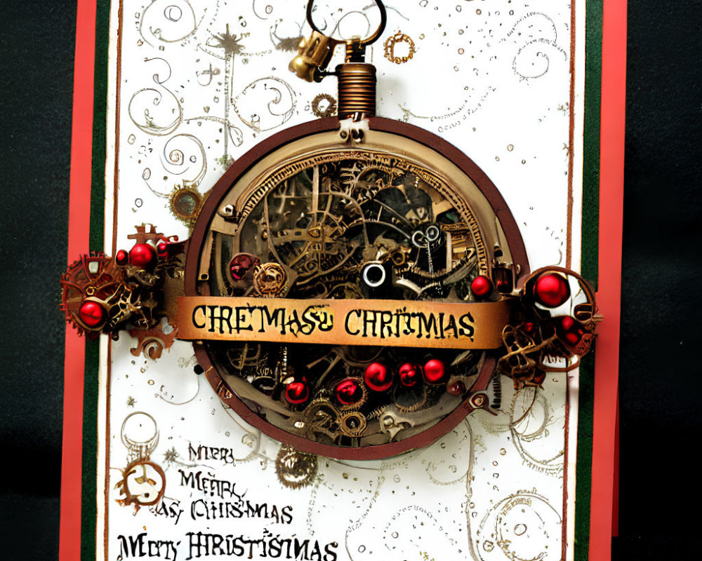 Steampunk-themed Christmas card with gears, clock face, "Merry Christmas," red baub