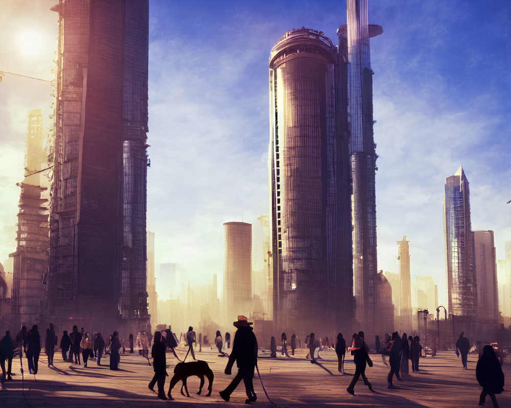 Futuristic cityscape with skyscrapers, pedestrians, and misty atmosphere