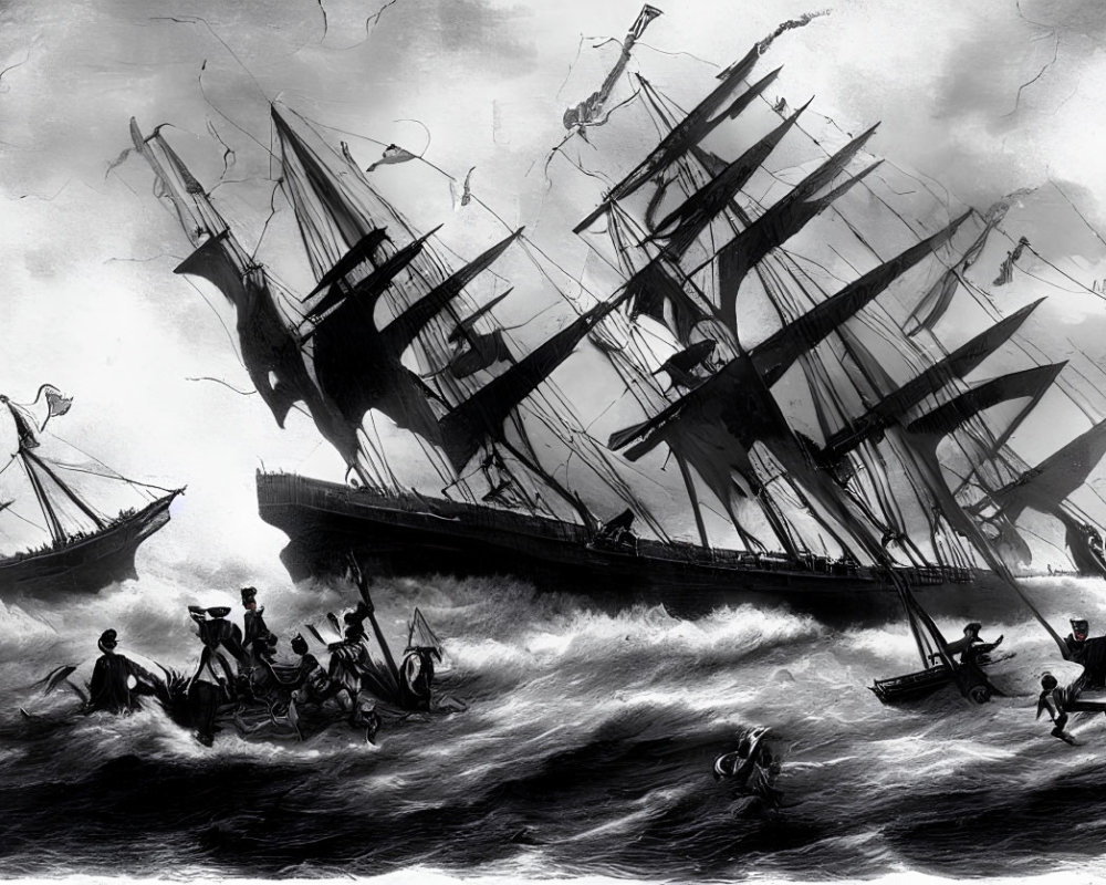 Monochromatic sea battle scene with ships and figures in stormy waves