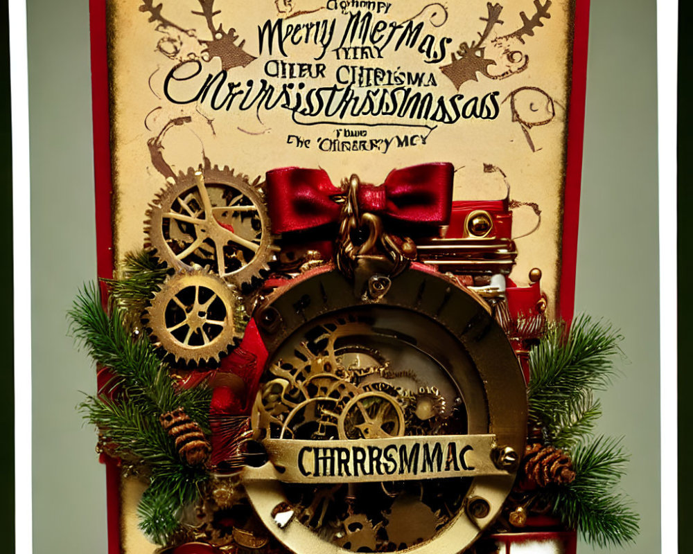 Steampunk-themed Christmas card with gears, clock, pine cones, and red bow on red background
