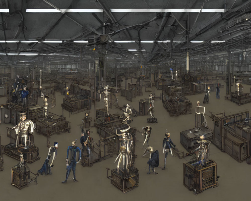Large Industrial Warehouse with Humanoid Robots and Humans Working Together