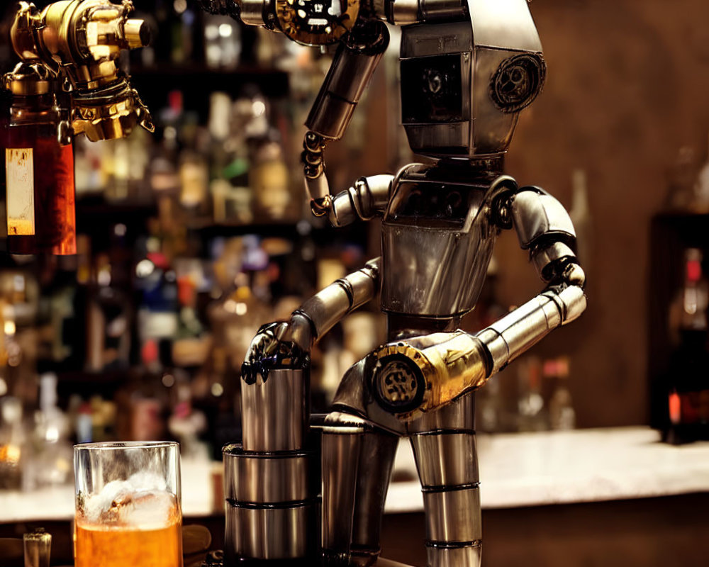 Steampunk-style robot bartender pouring drink at bar.