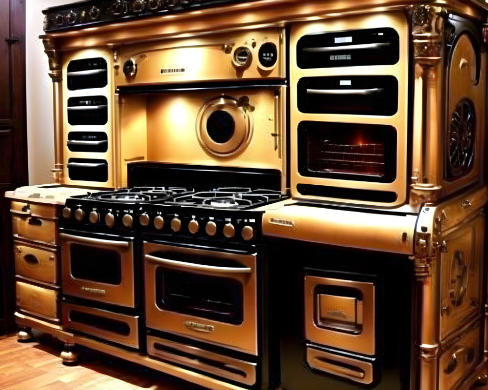 Luxury Vintage-Style Kitchen Range with Multiple Ovens and Brass Accents