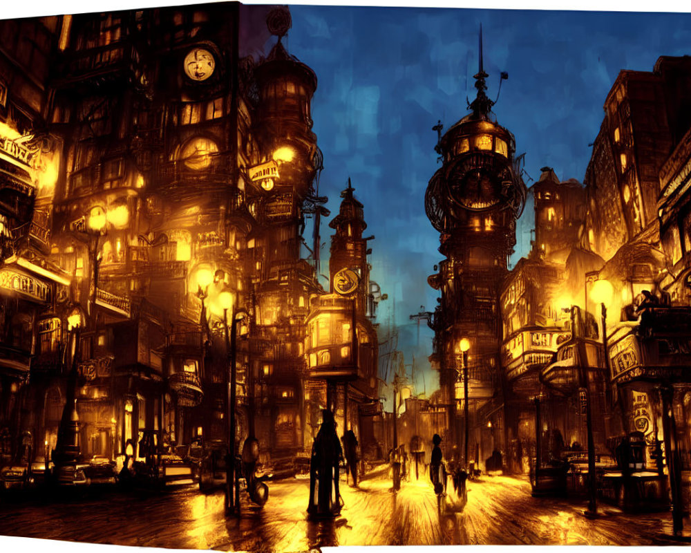 Illustration of Rain-Drenched Steampunk Cityscape at Night