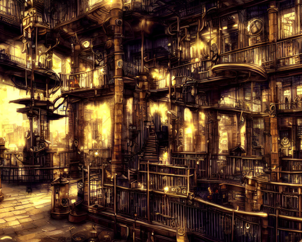 Detailed Steampunk Library with Metal Structures and Spiral Staircases
