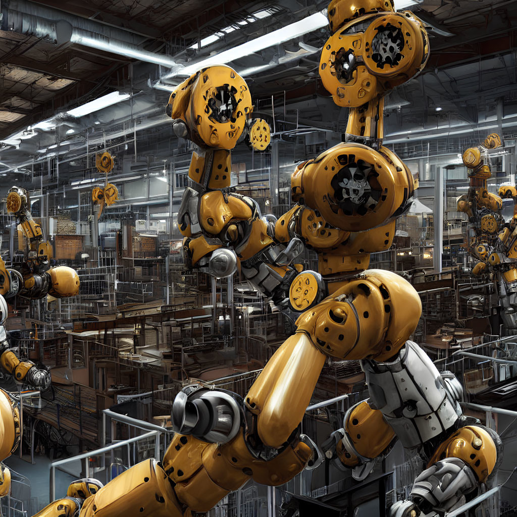 Yellow-armed industrial robots in factory setting with metal structures