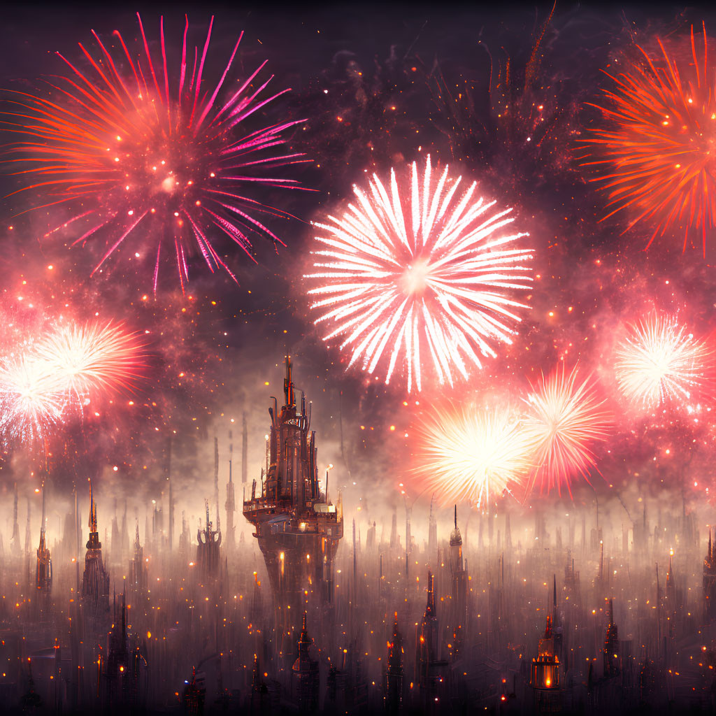 Colorful fireworks above fantasy cityscape at dusk
