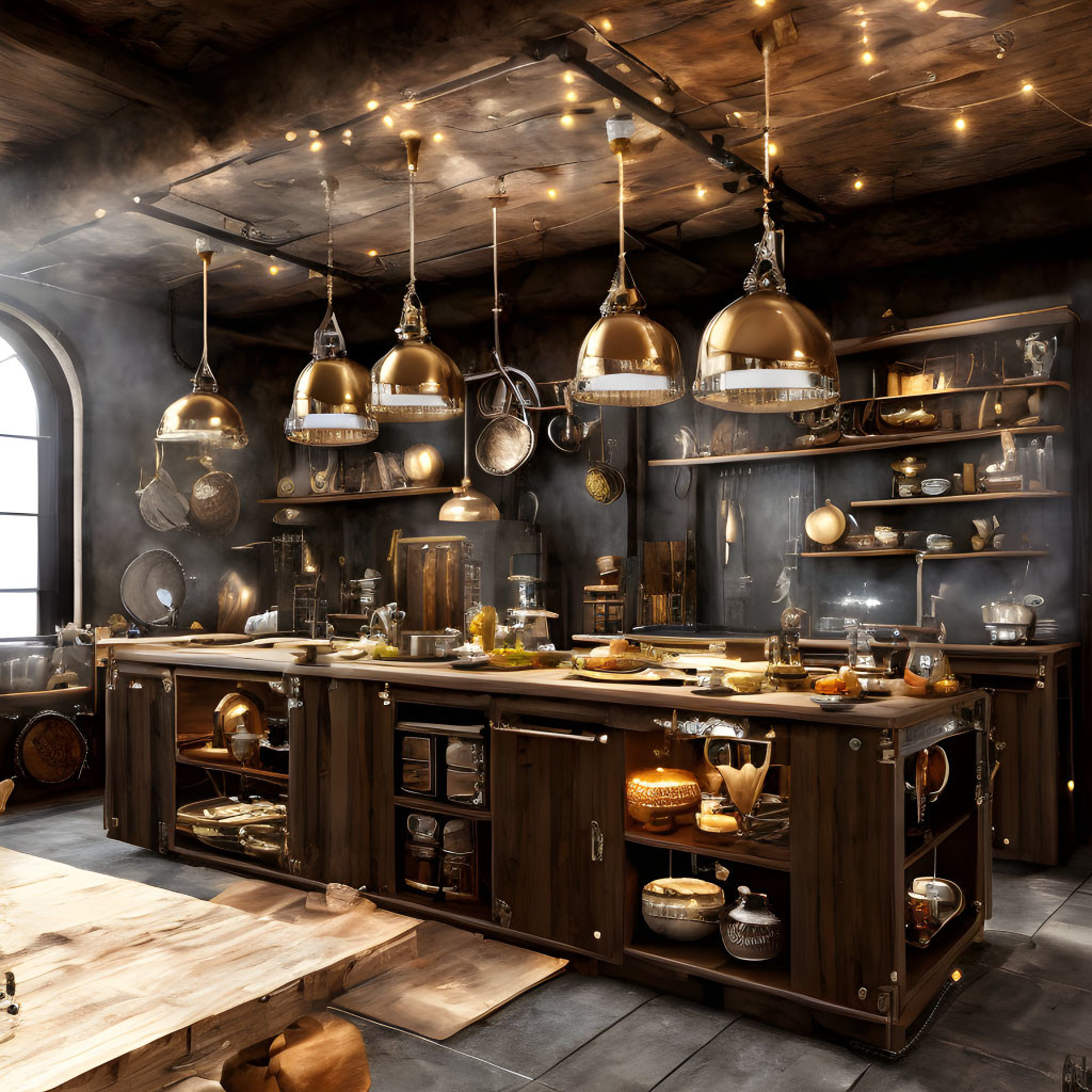 Rustic kitchen with wooden countertops and brass pendant lights
