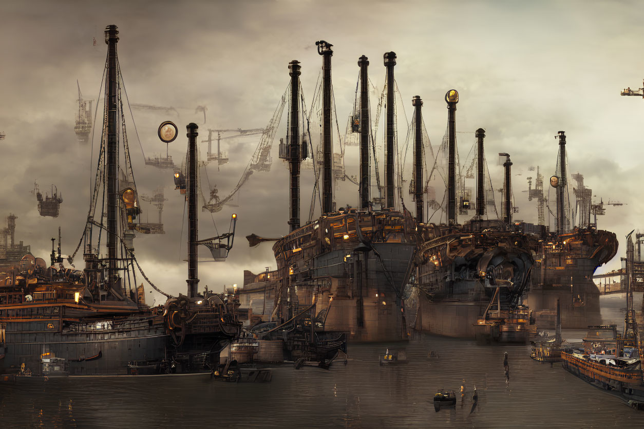 Steampunk harbor scene with cranes, airships, and moored vessels at dusk