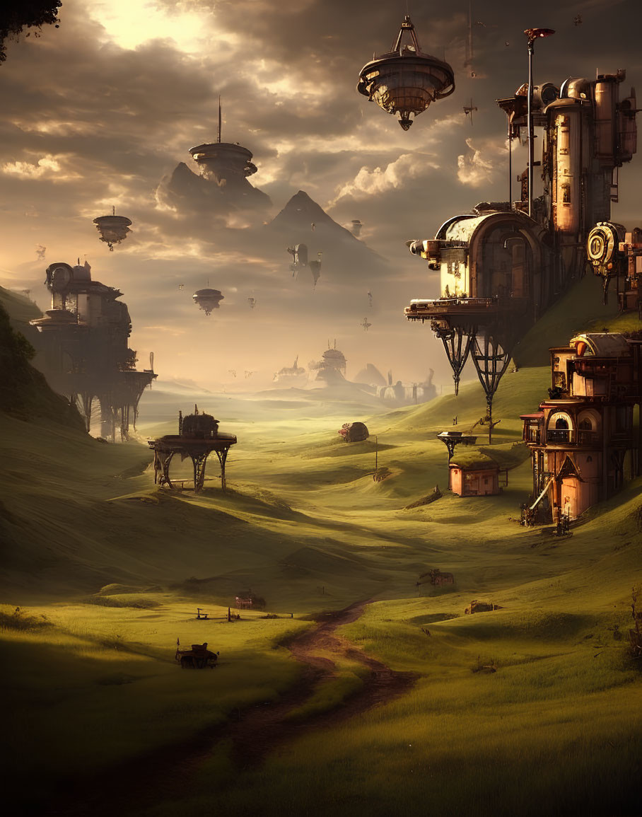Fantastical landscape with green hills and futuristic structures