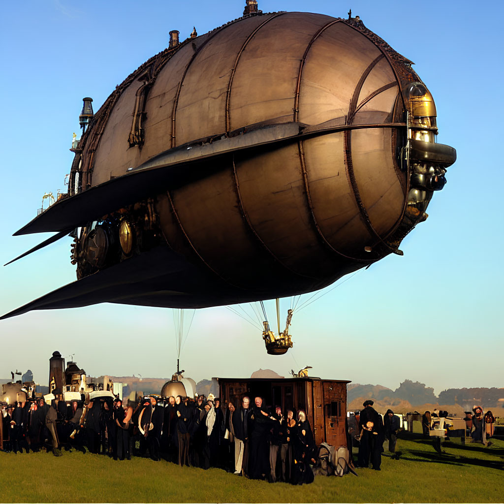 Group of people in period costumes under retrofuturistic airship
