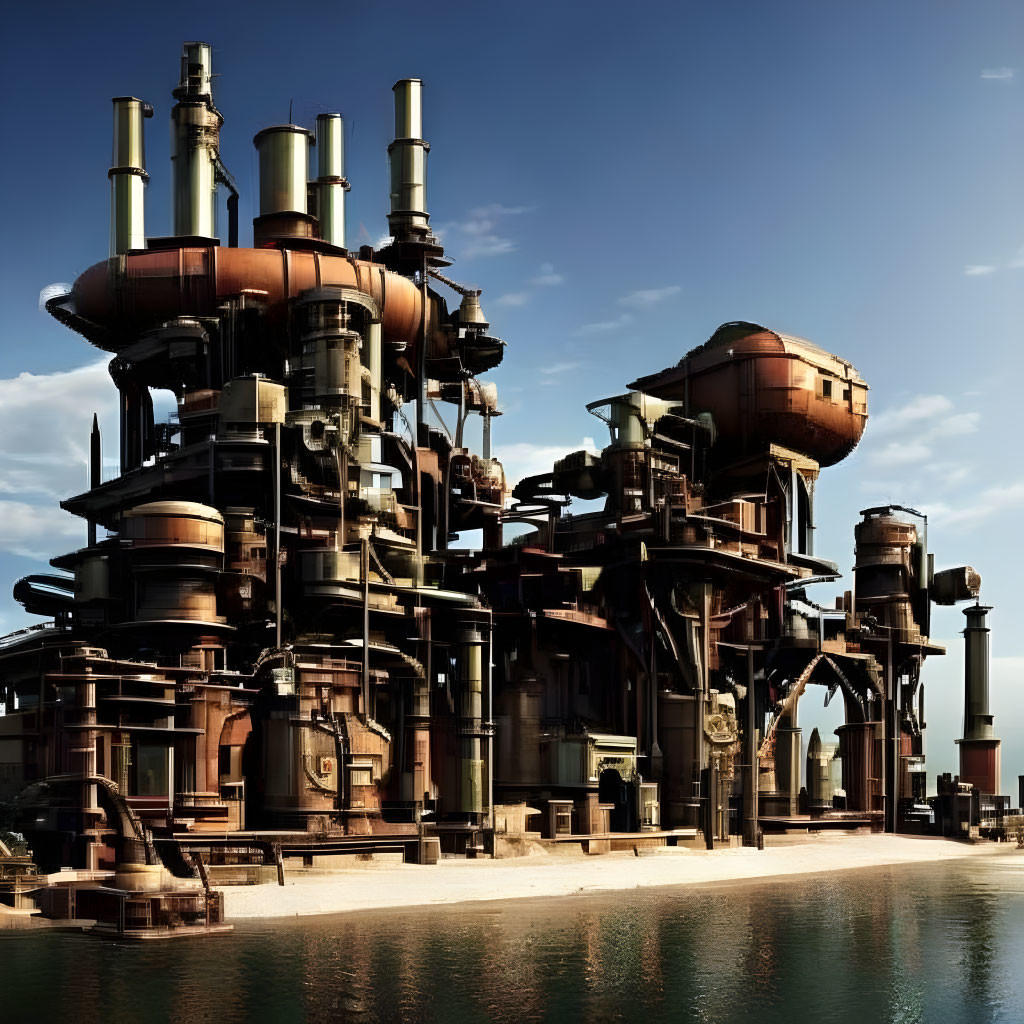 Industrial complex with steel towers, pipes, tanks near water and sky