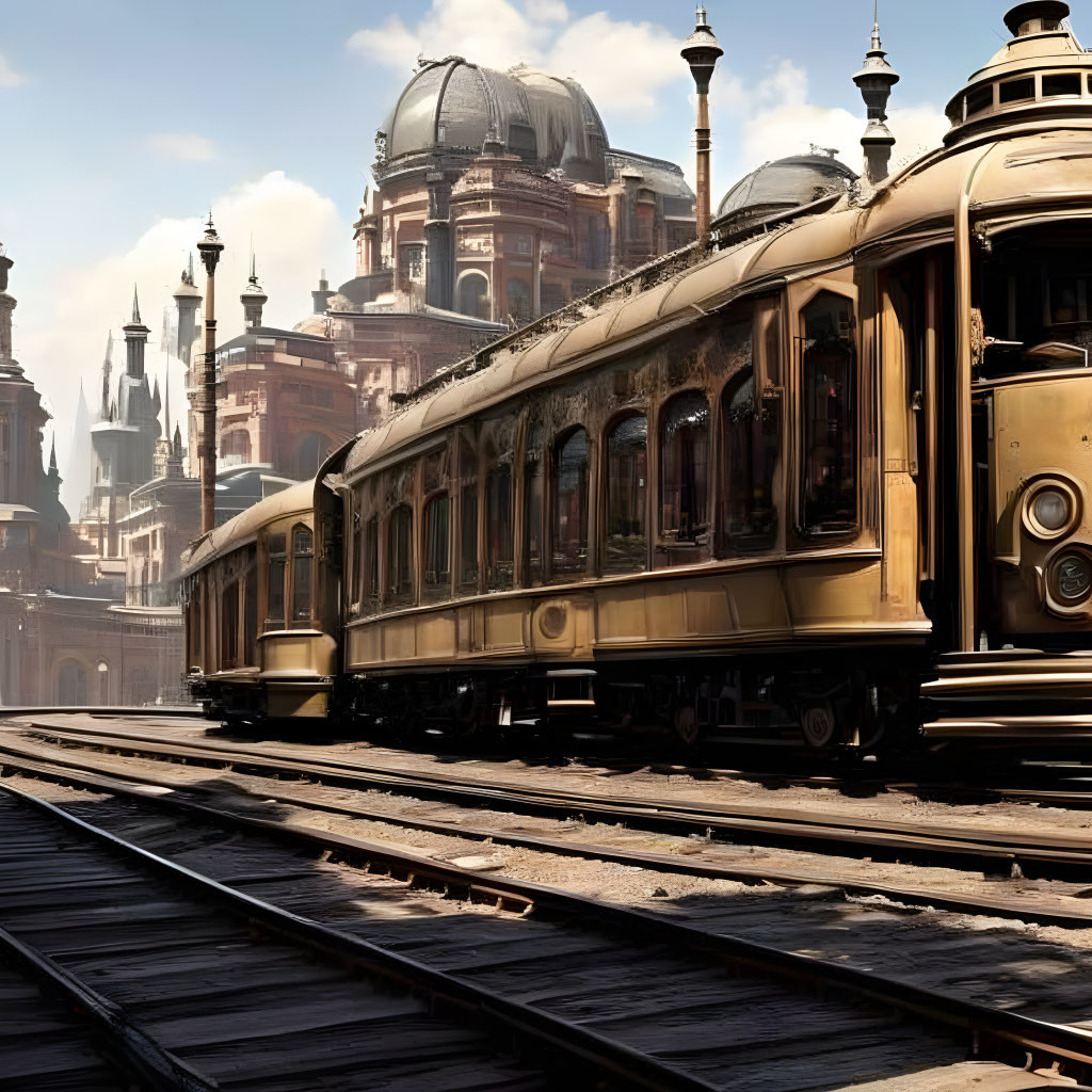 Historical buildings and vintage train on tracks under clear skies