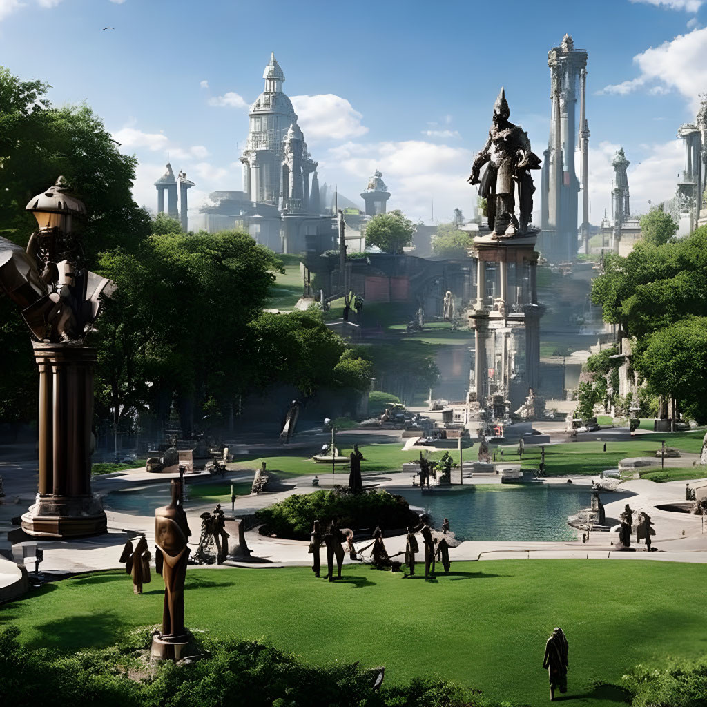 Cityscape with statues, classical architecture, spires, and a central monument