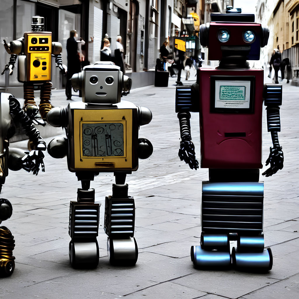 Colorful Cartoon-Style Robots on City Street