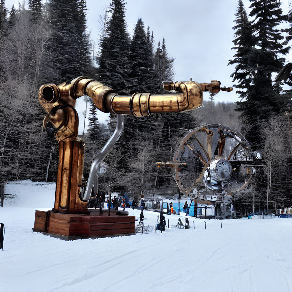 Detailed Brass Telescope Sculpture in Snowy Landscape