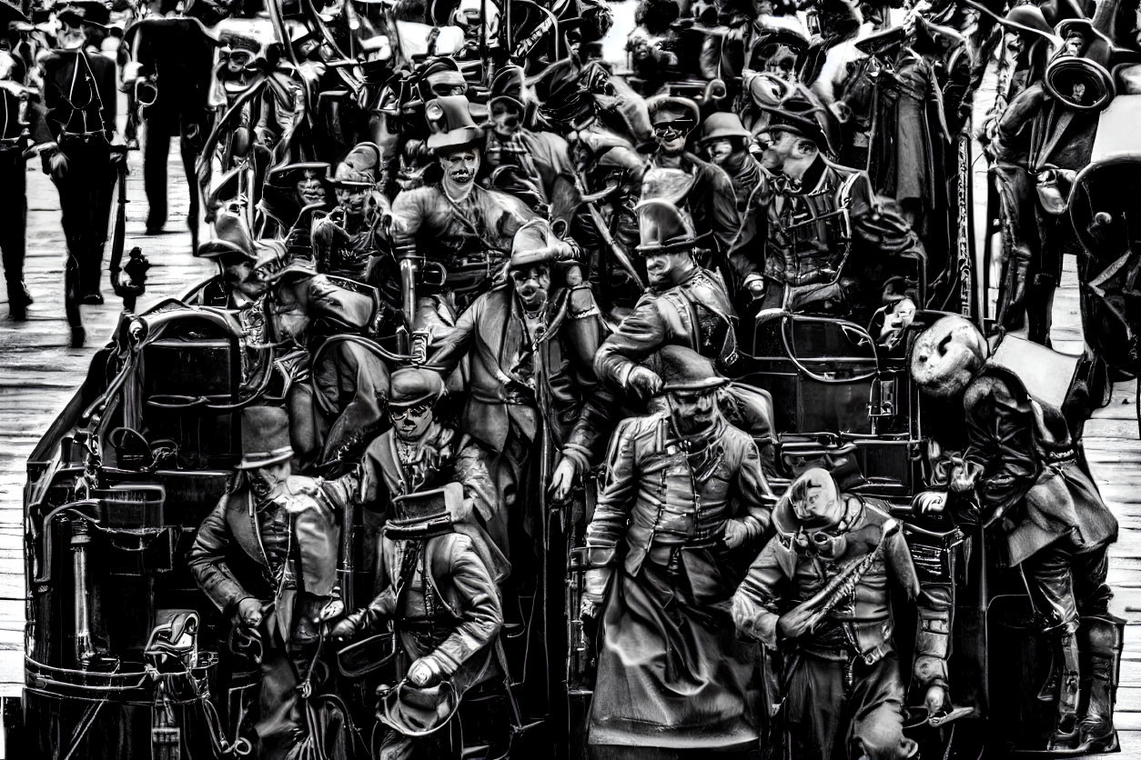 Monochrome photo of crowd in historical military uniforms