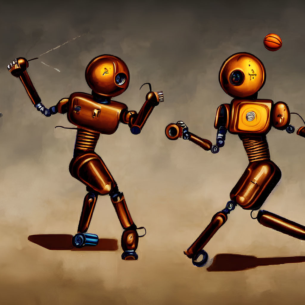 Stylized orange and yellow robots playing basketball