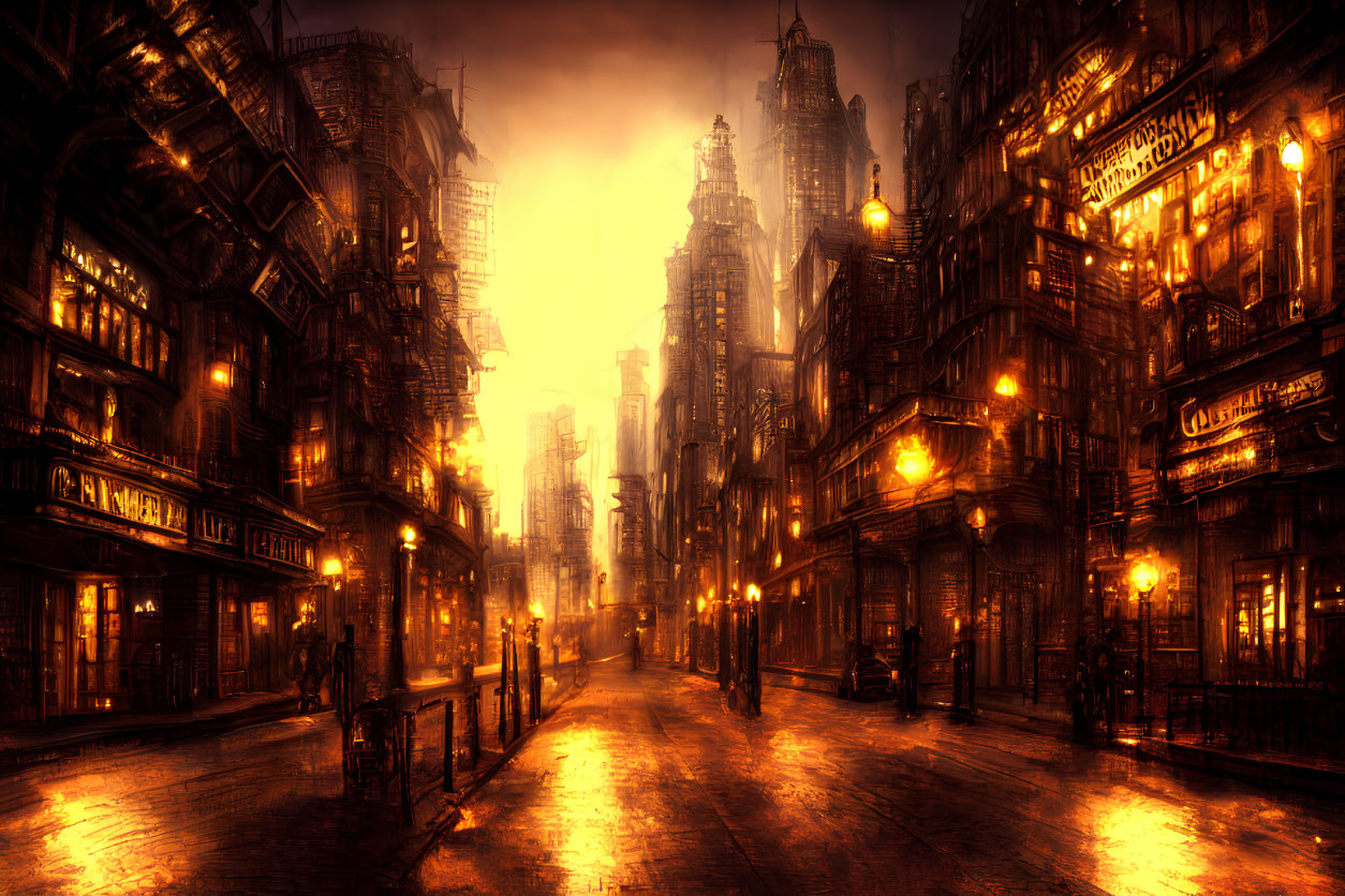 Dusky cityscape with Victorian buildings and glowing streetlamps