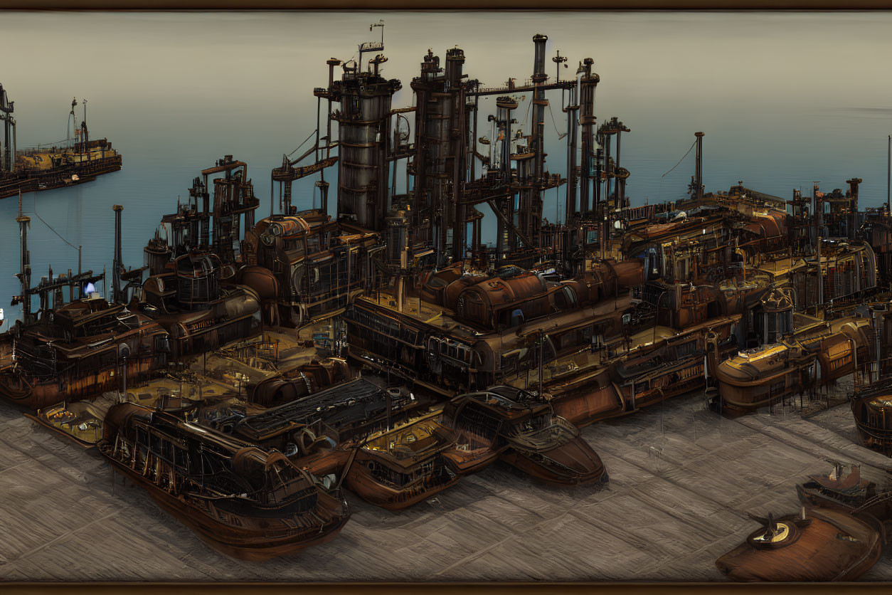 Sepia-toned digital artwork of a steampunk industrial harbor