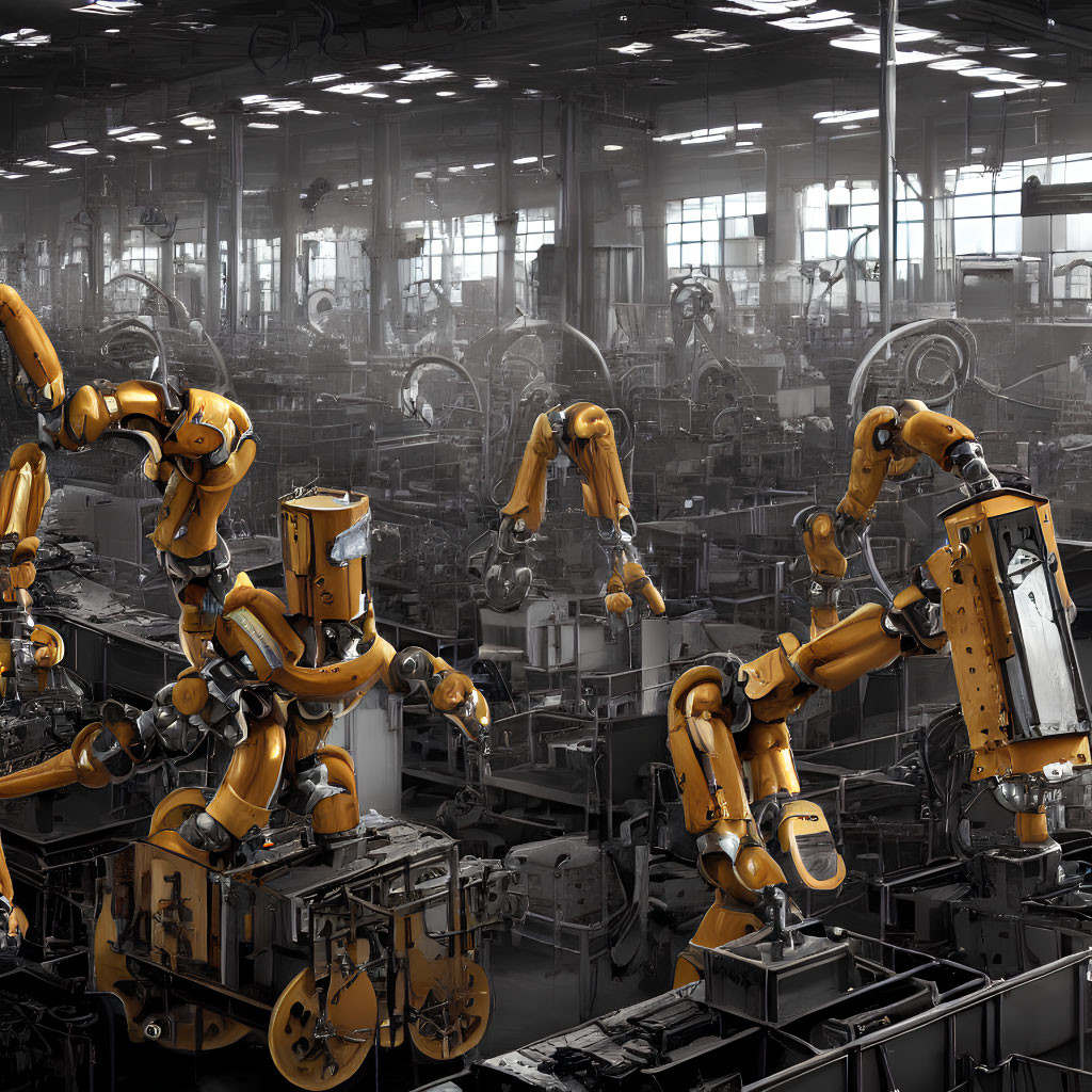 Industrial robotic assembly line with multiple yellow robotic arms in factory setting