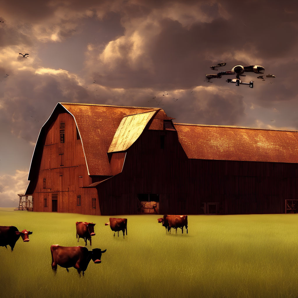 Rustic barn, cows, drone, birds in dramatic sky landscape