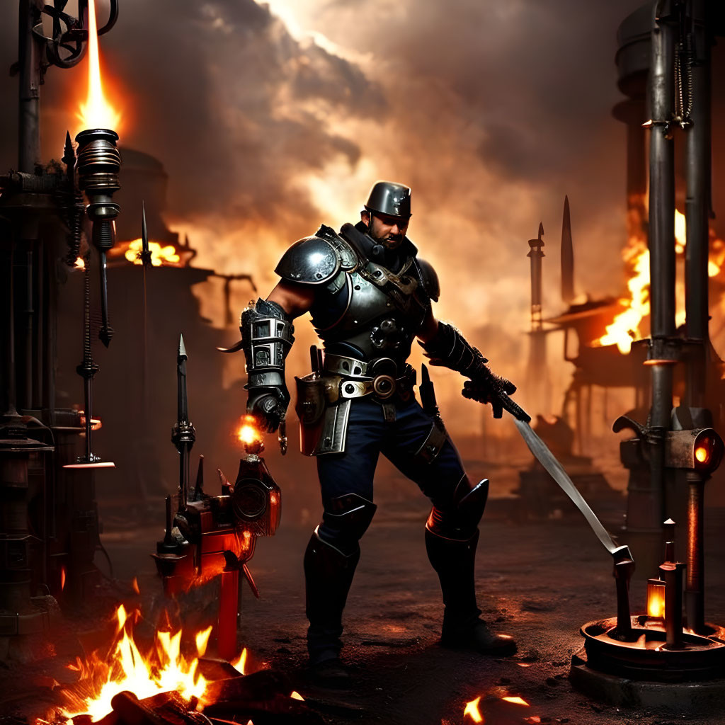 Futuristic knight in armor with sword and mechanical gauntlet amidst industrial flames