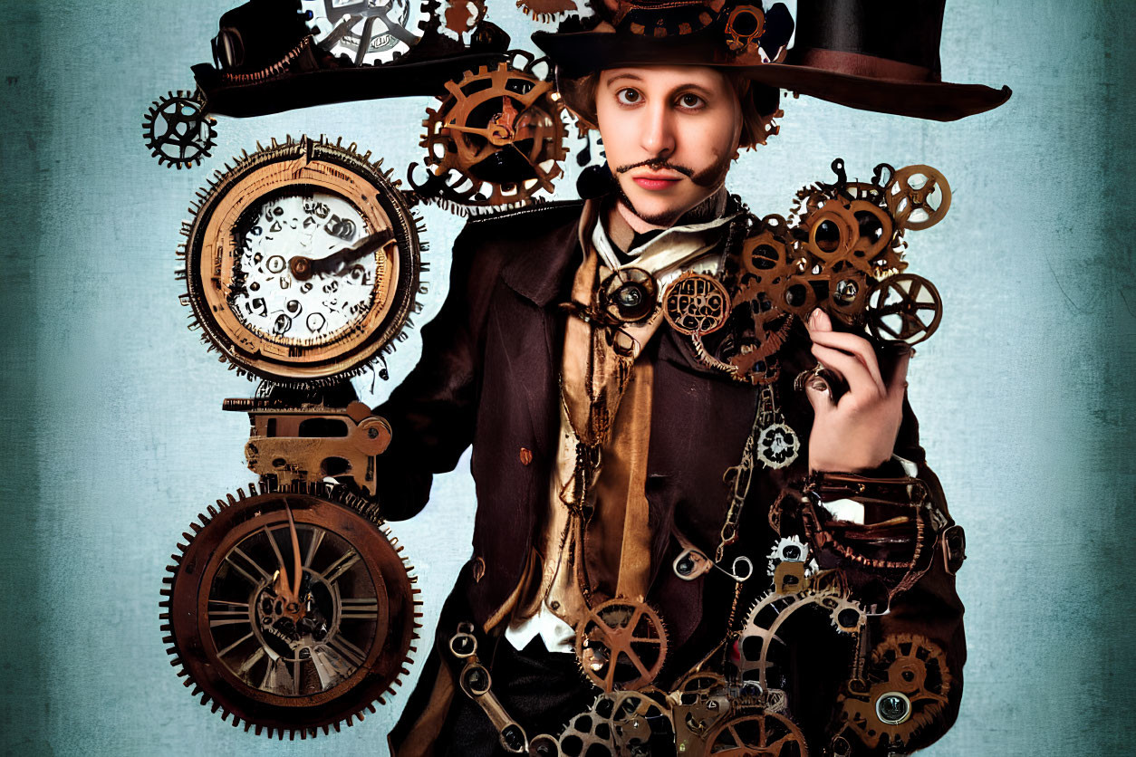 Steampunk-themed person with gears and cogs on blue background