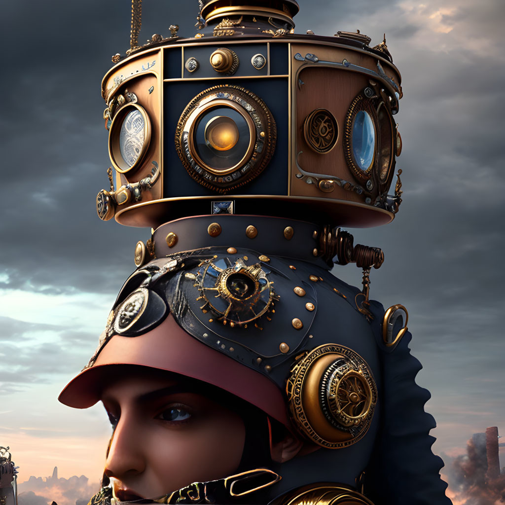 Elaborate Steampunk Helmet with Gears and Goggles on Cloudy Sky