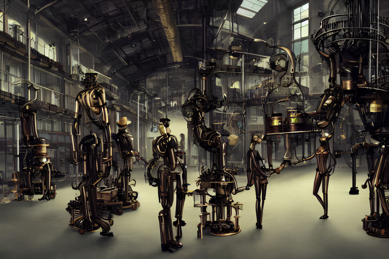 Steampunk-inspired robotic figures in industrial hall with mechanical structures.