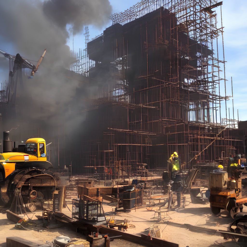 Busy construction site with workers, machinery, scaffolding, and smoke under blue sky