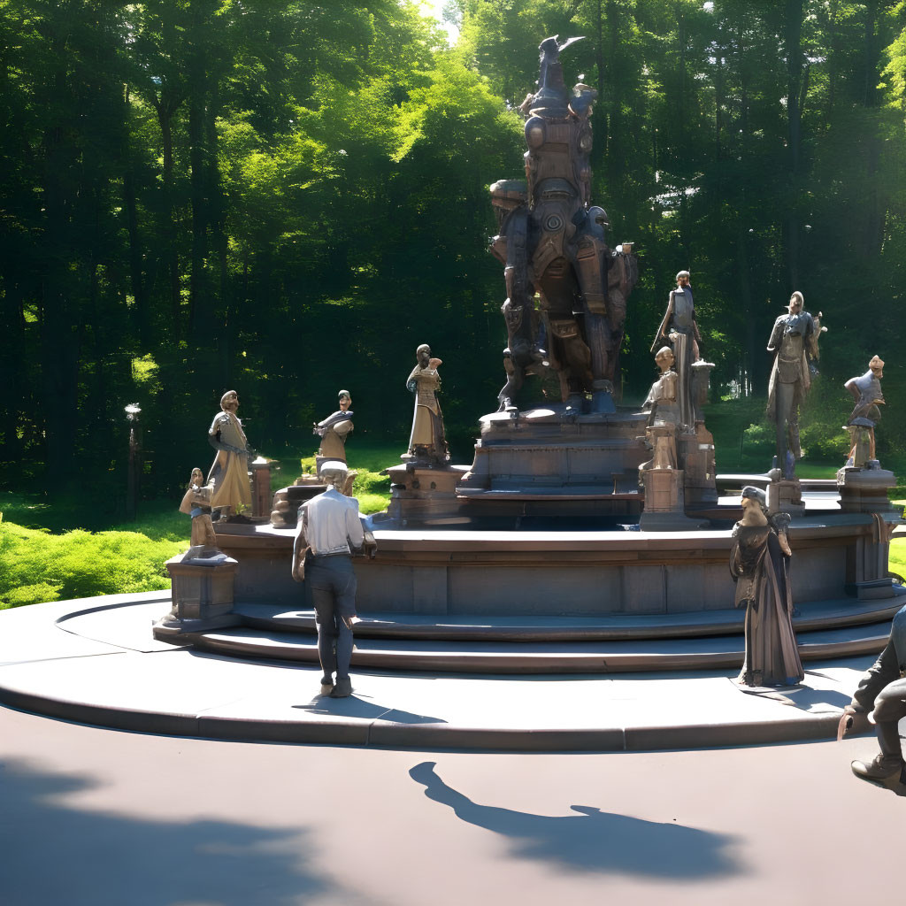 Bronze statue surrounded by smaller statues in sunlit park