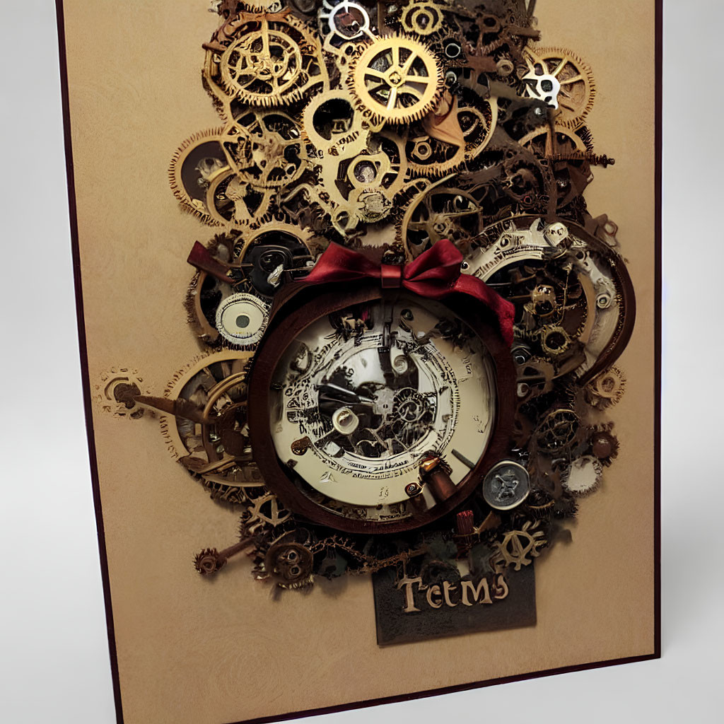 Steampunk-themed 3D gears, clock face, and "Items" label on greeting card