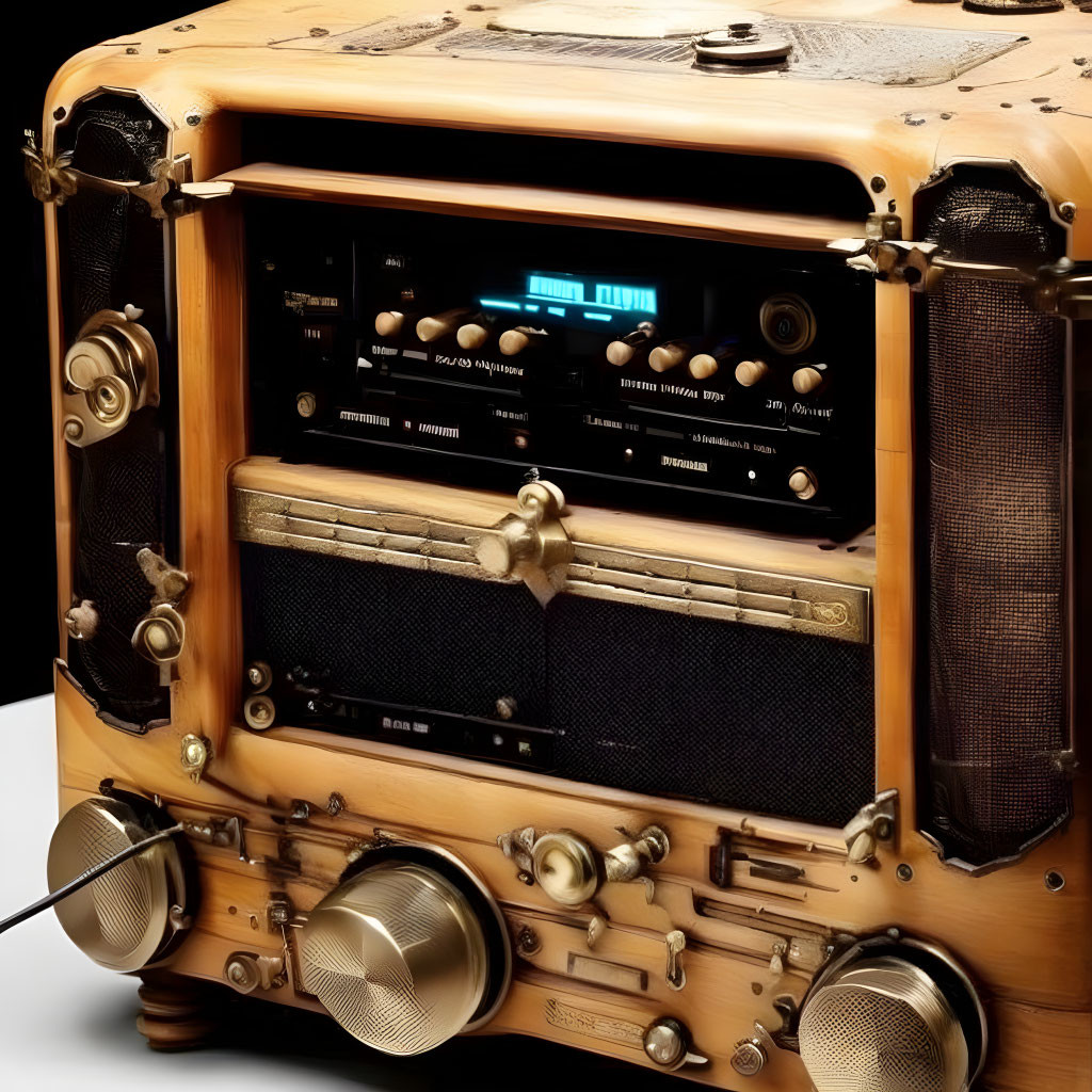 Vintage Wooden Radio with Dials, Speakers, and Modern Digital Screen