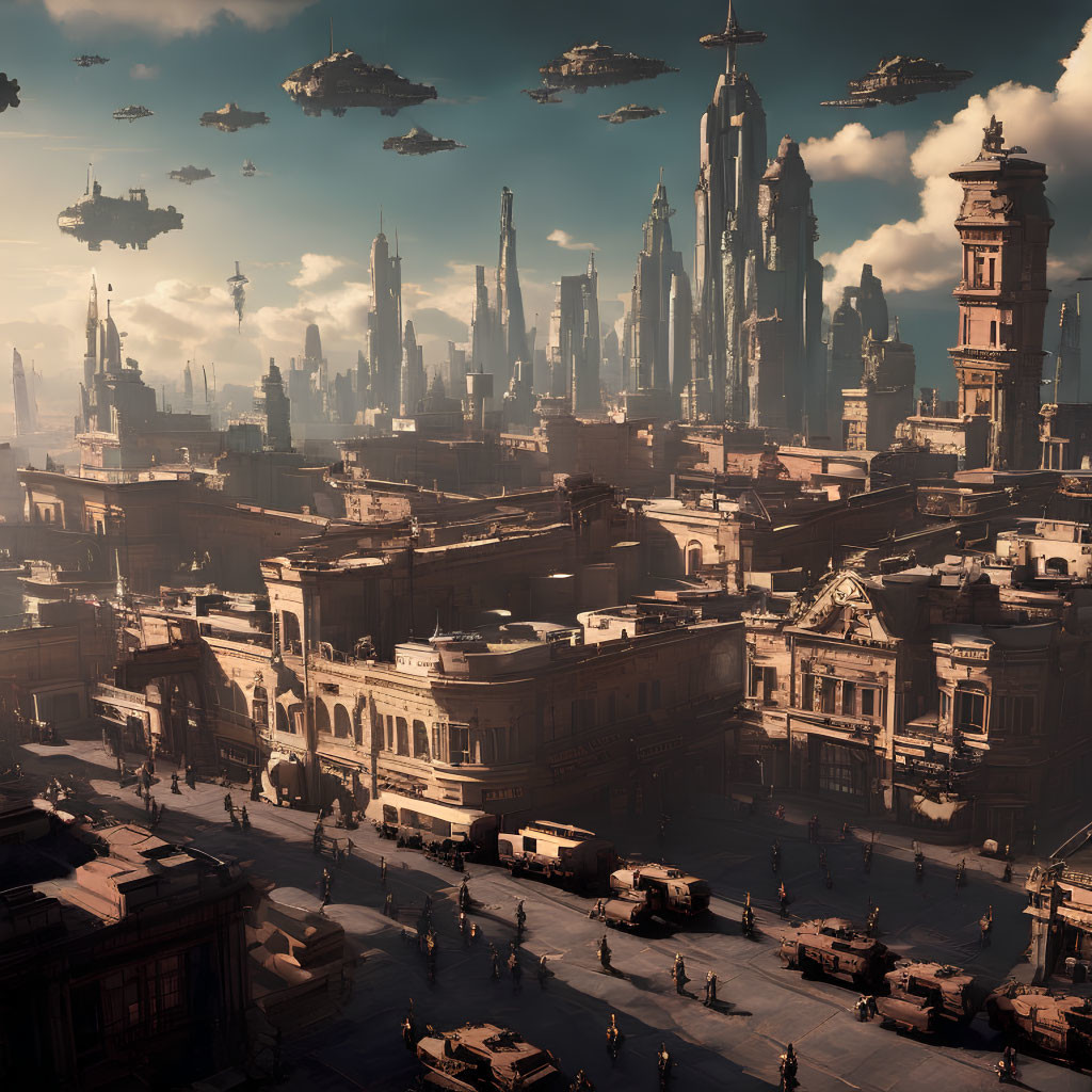 Futuristic cityscape with skyscrapers, flying vehicles, and bustling streets