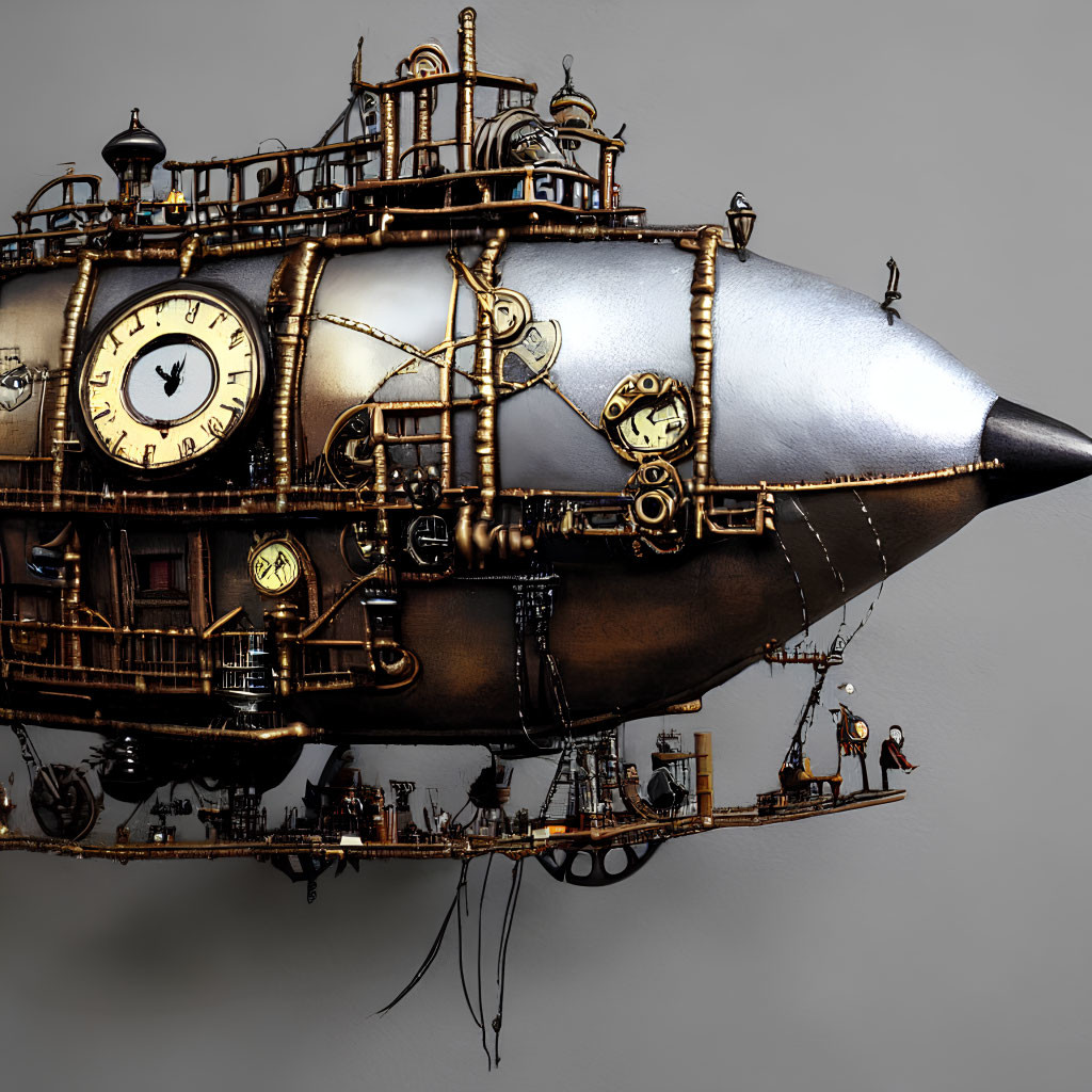 Steampunk submarine with clock elements and metalwork on neutral background