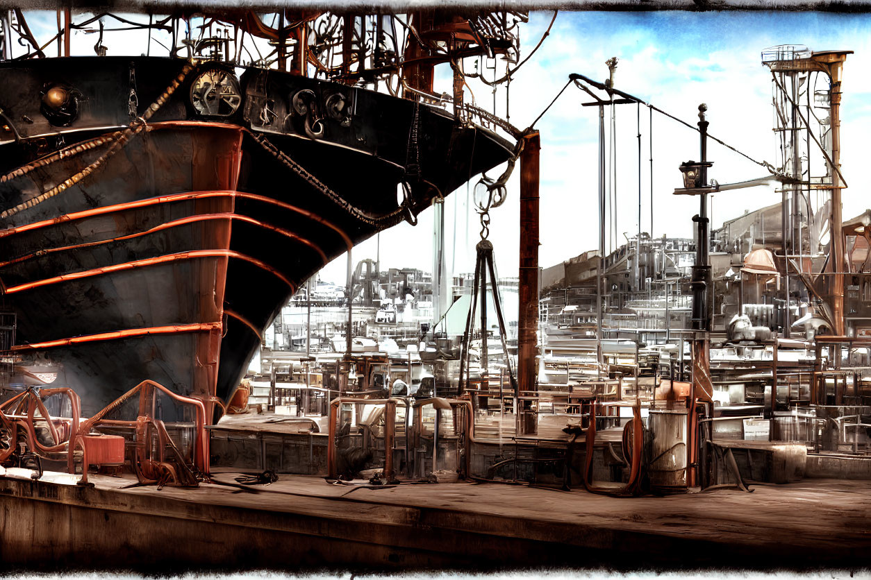 Vintage Industrial Dock Scene with Cranes and Ship