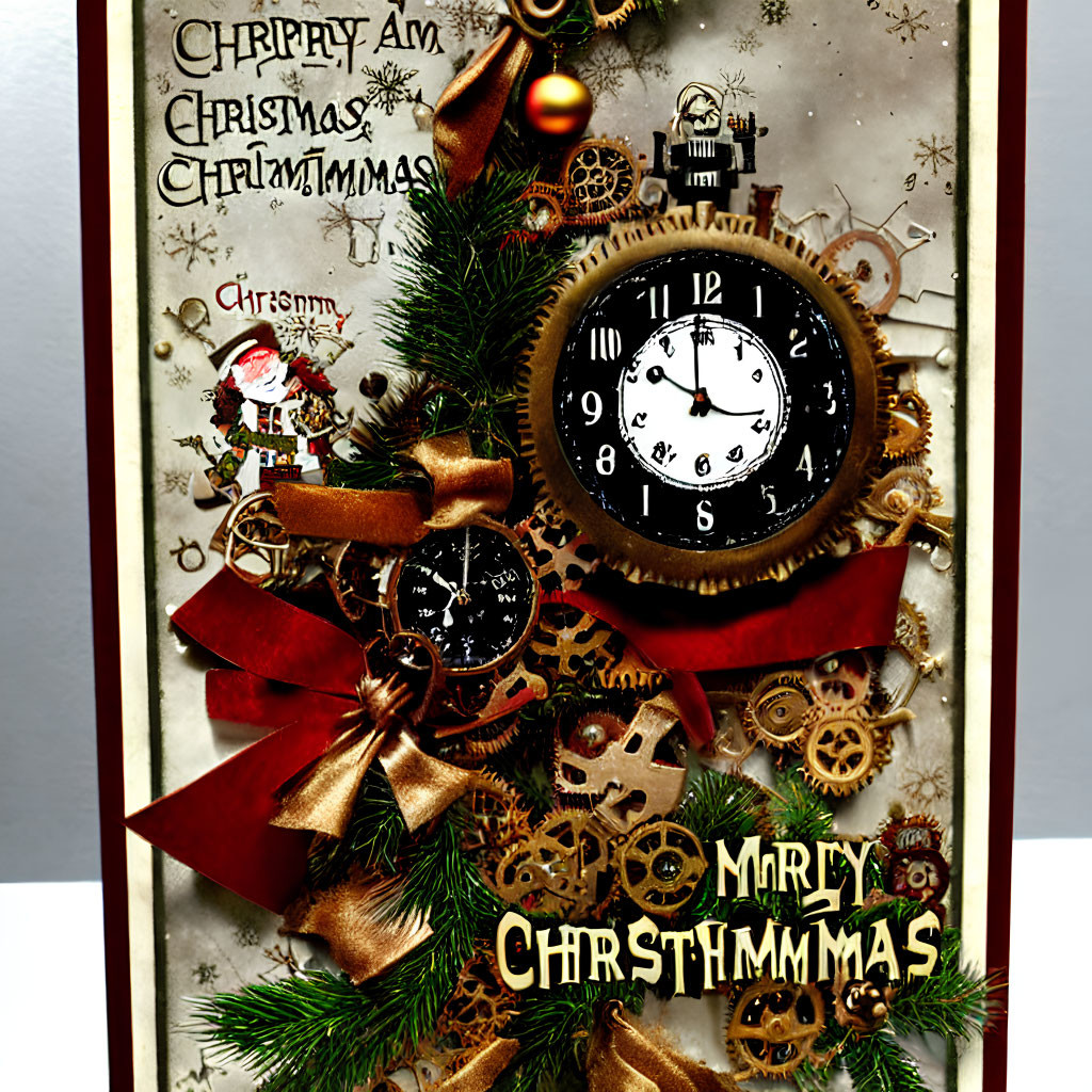 Vintage Christmas Greeting Card with Clock, Gears, Pine Branches, Red Bow, and Fest