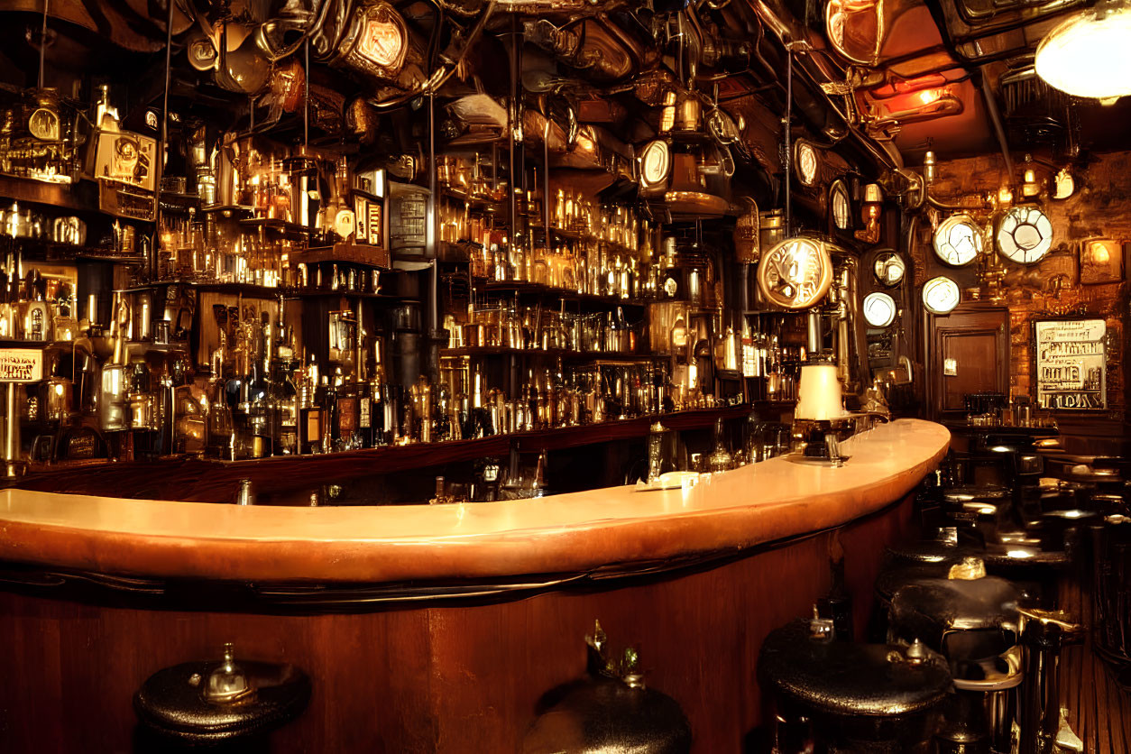 Classic Bar Interior with Curved Wooden Counter, Antique Clocks, Warm Lighting, and Bottles on