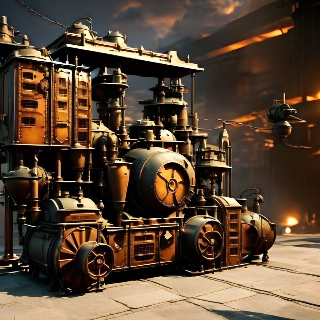 Intricate Steampunk Machine with Pipes, Gauges, and Gears at Sunrise