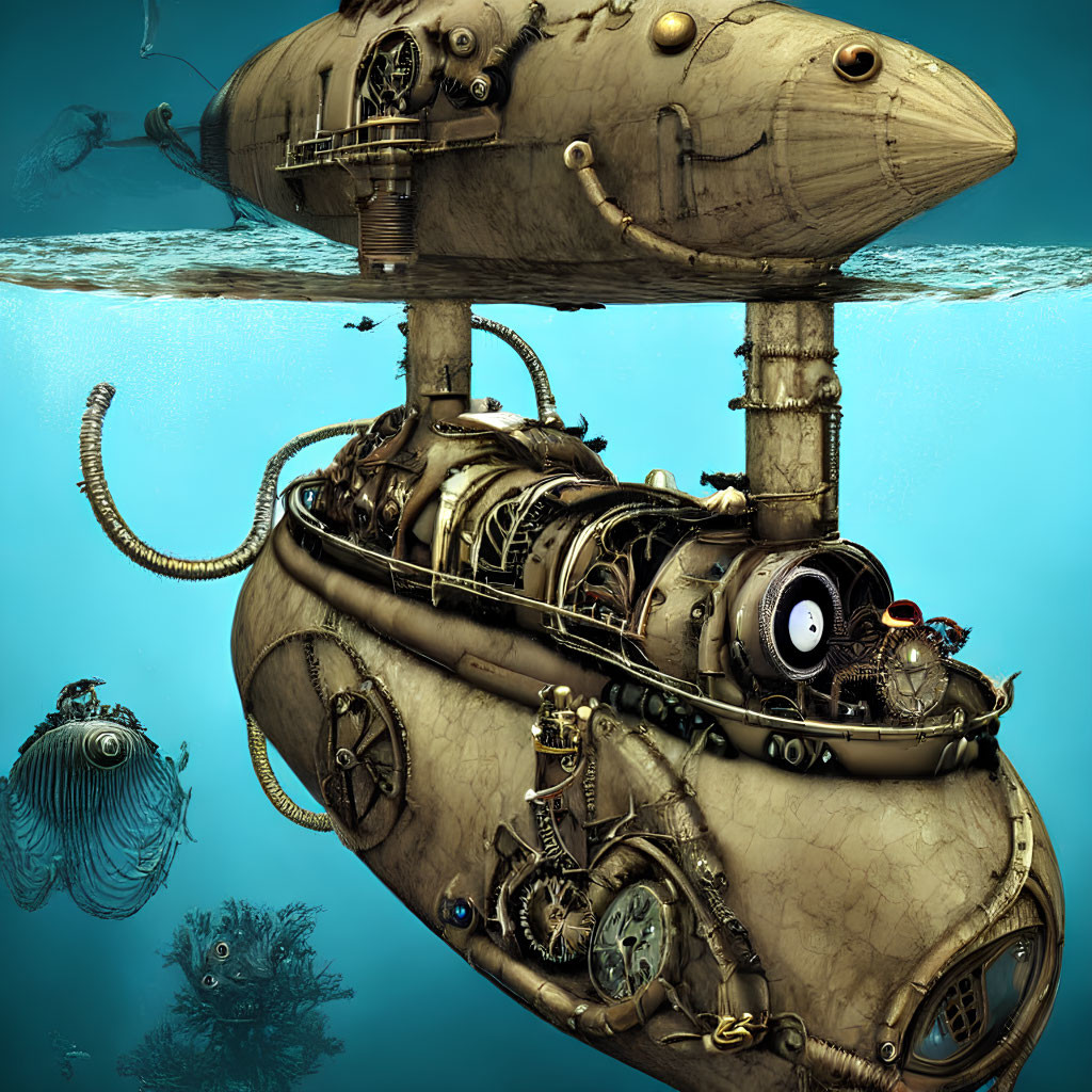 Steampunk submarine with intricate metallic details and fish-like machines underwater