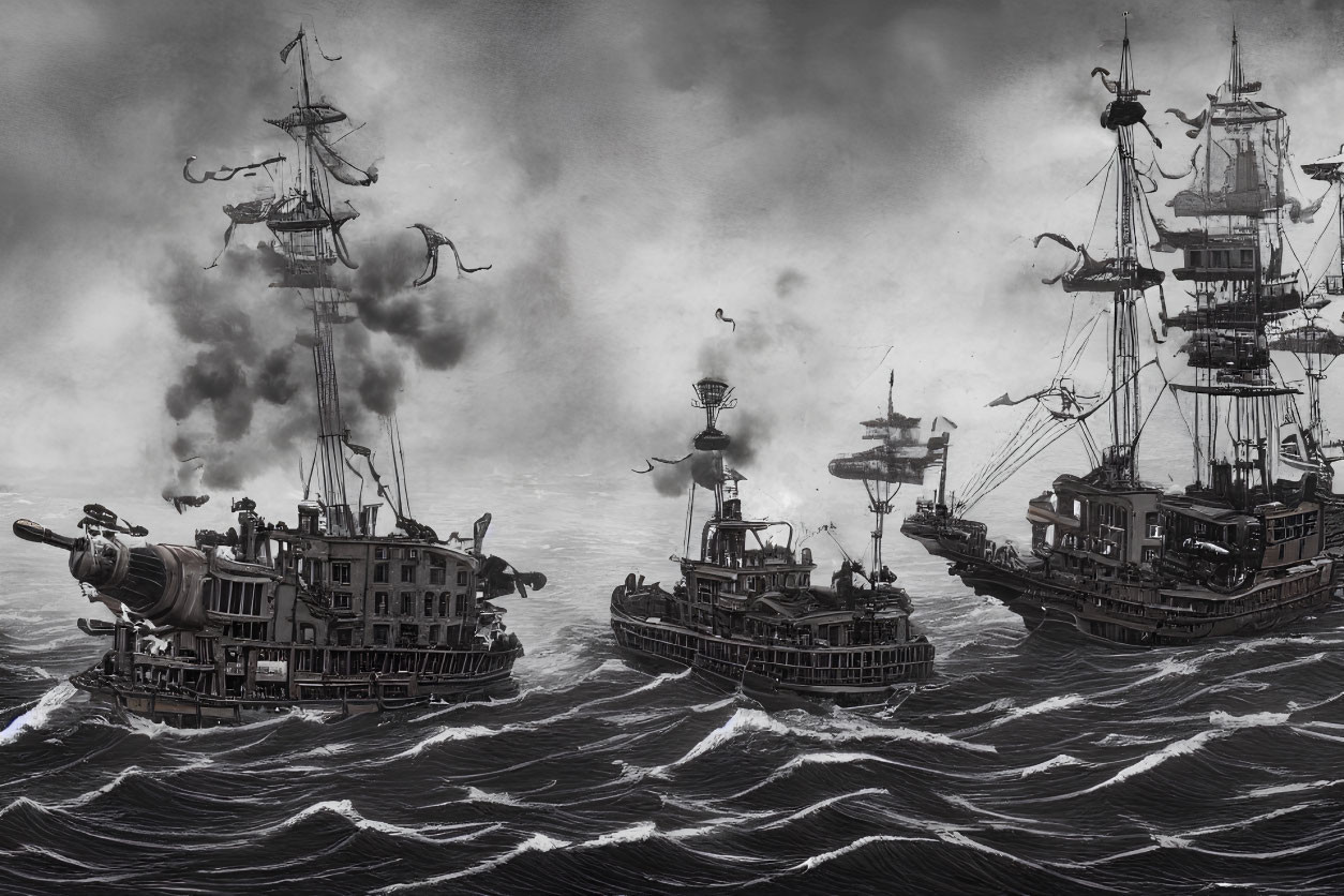 Monochrome steampunk ships with cannons in stormy sea