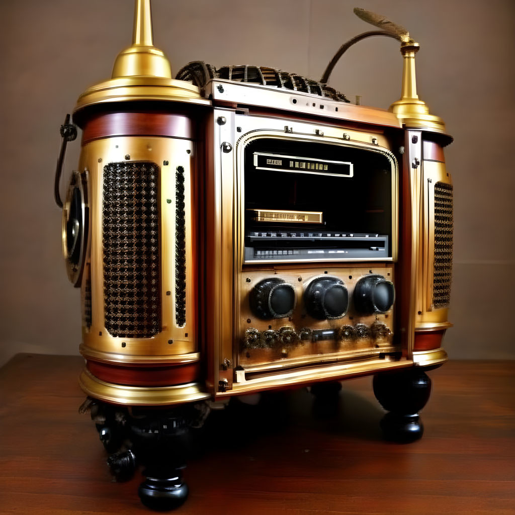 Vintage-style radio with brass accents and dials on wooden surface