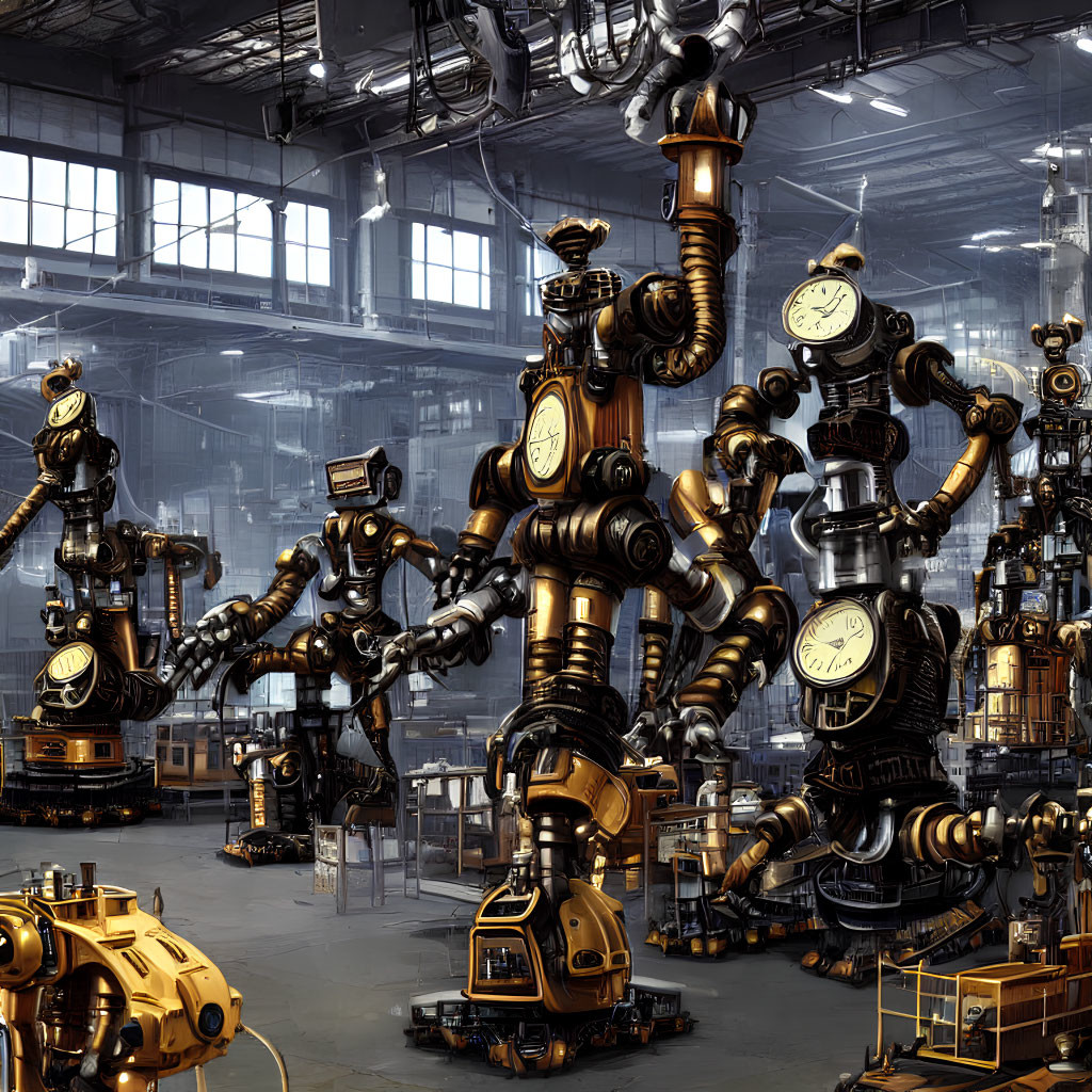 Steampunk-style robotic workshop with clockwork creatures in industrial setting