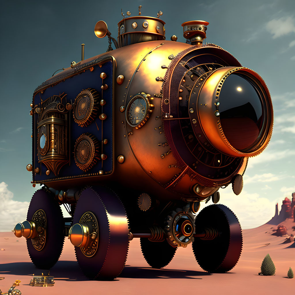 Steampunk locomotive vehicle on desert landscape