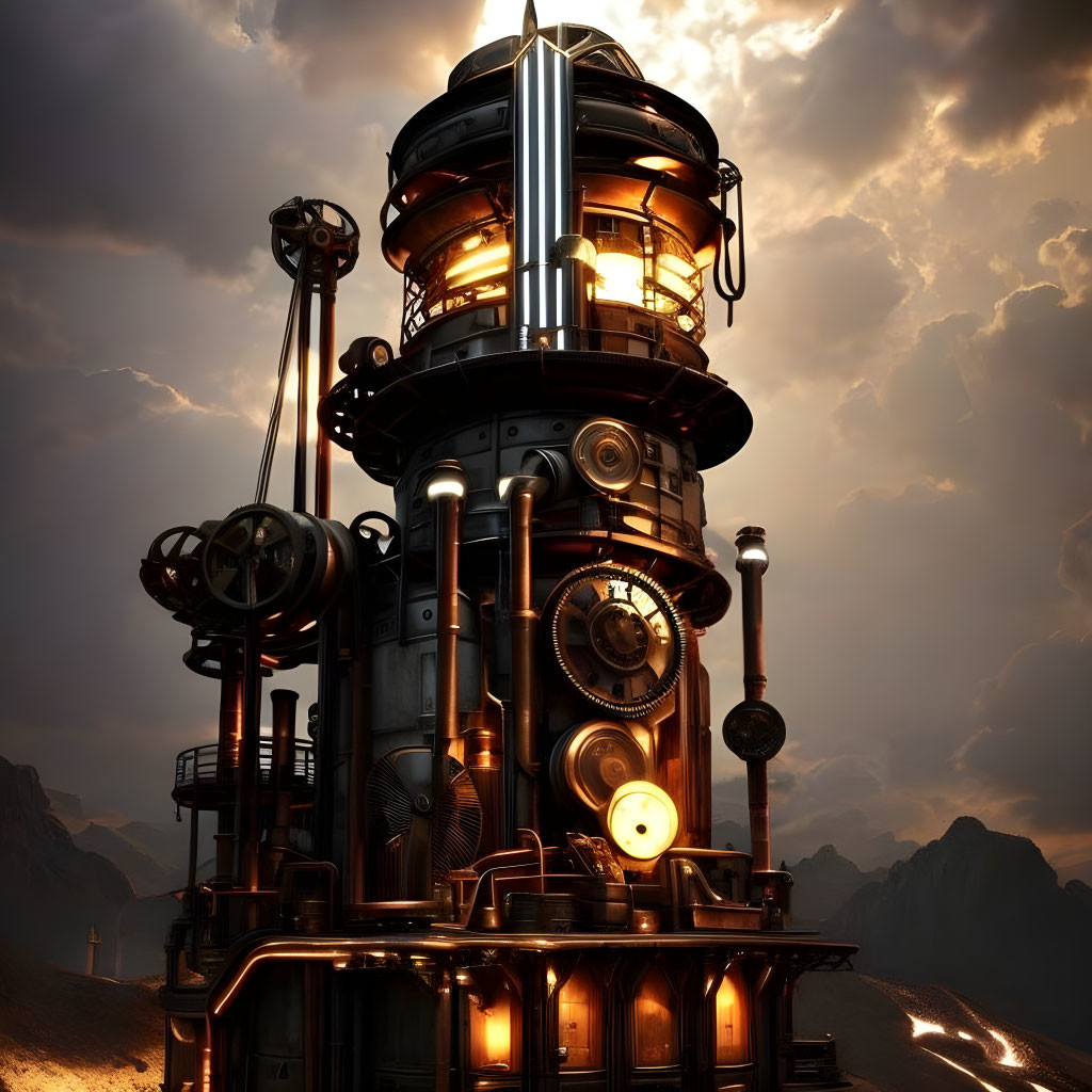 Steampunk lighthouse with glowing lights in mountainous landscape at dusk